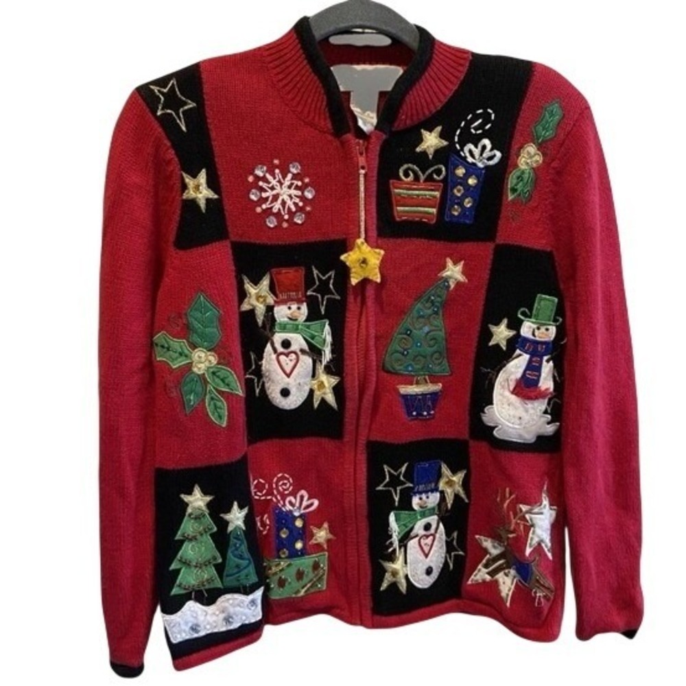Tiara International Ugly Christmas Sweater Womens Small Zip Cardigan Applique‎